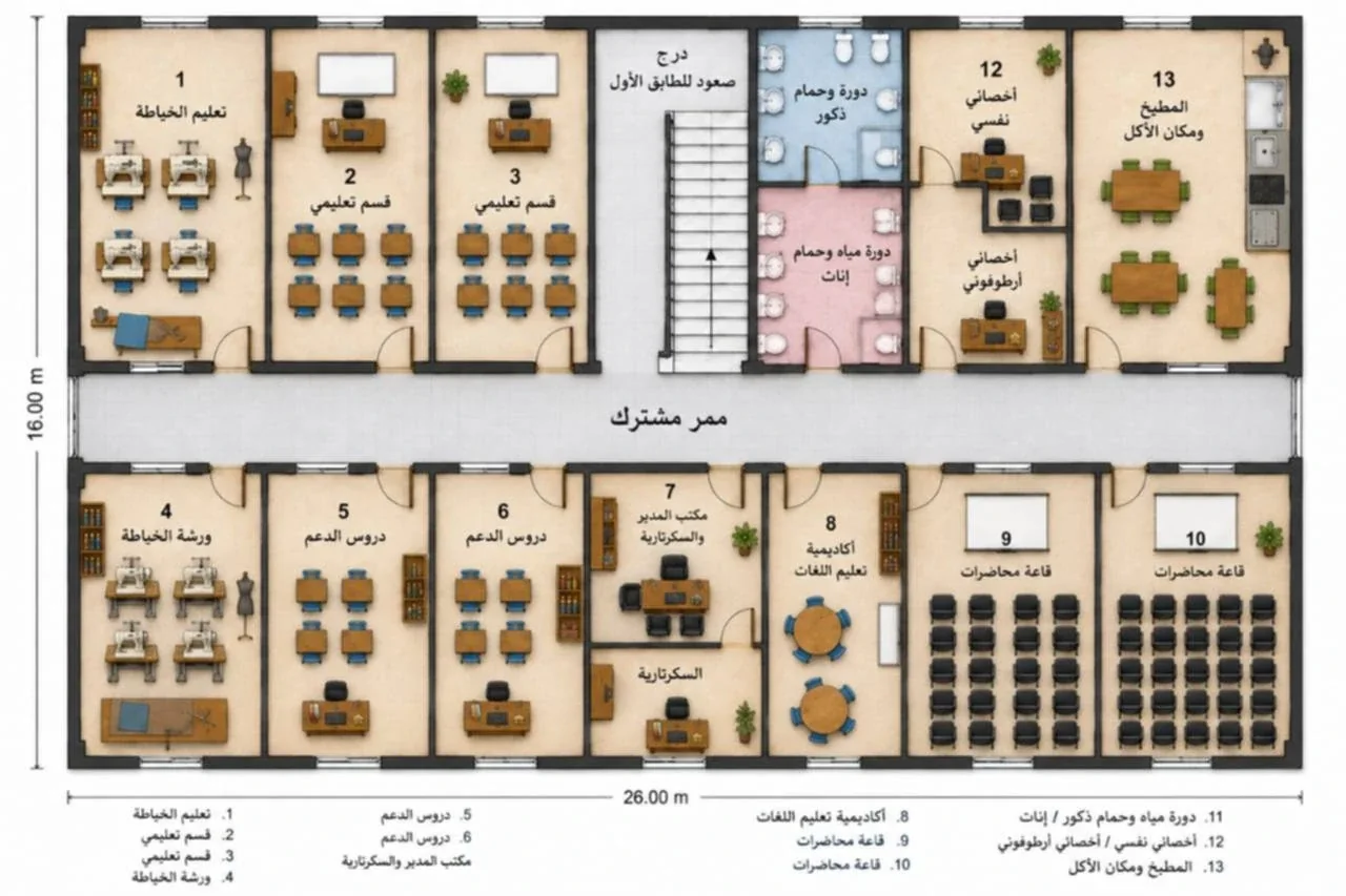 مخطط الطابق الأرضي للمركز النفسي البيداغوجي لجمعية النداء: 26 × 16 مترًا